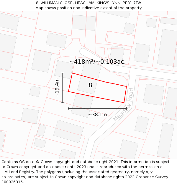 8, WILLIMAN CLOSE, HEACHAM, KING'S LYNN, PE31 7TW: Plot and title map
