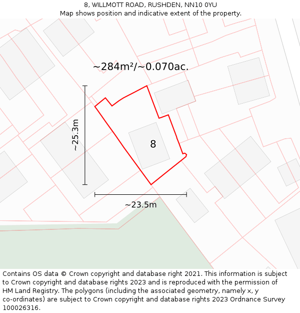 8, WILLMOTT ROAD, RUSHDEN, NN10 0YU: Plot and title map