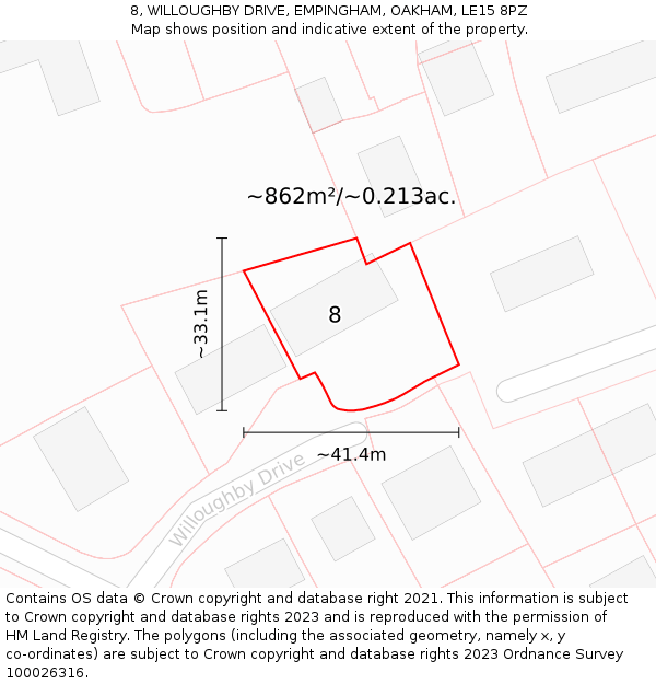 8, WILLOUGHBY DRIVE, EMPINGHAM, OAKHAM, LE15 8PZ: Plot and title map