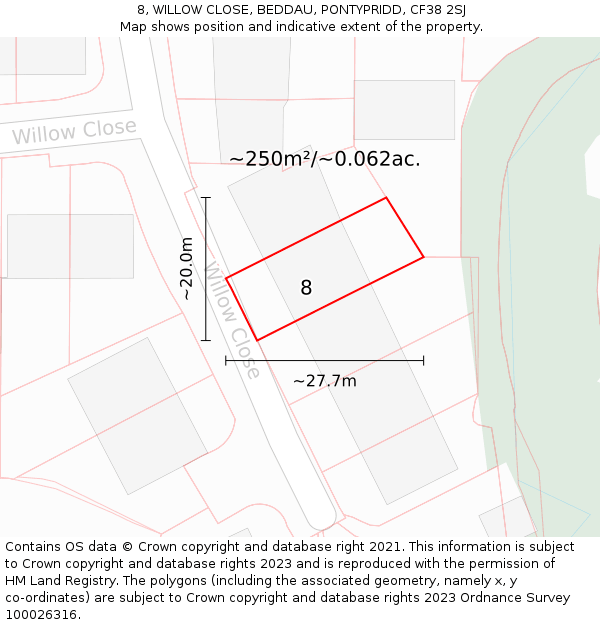 8, WILLOW CLOSE, BEDDAU, PONTYPRIDD, CF38 2SJ: Plot and title map