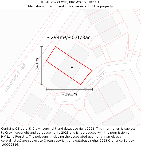 8, WILLOW CLOSE, BROMYARD, HR7 4LH: Plot and title map