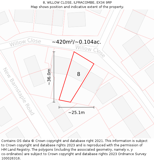 8, WILLOW CLOSE, ILFRACOMBE, EX34 9RP: Plot and title map