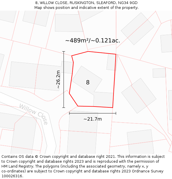 8, WILLOW CLOSE, RUSKINGTON, SLEAFORD, NG34 9GD: Plot and title map