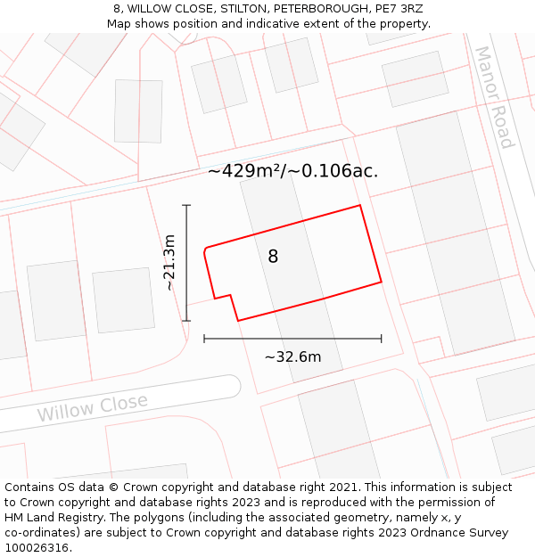 8, WILLOW CLOSE, STILTON, PETERBOROUGH, PE7 3RZ: Plot and title map