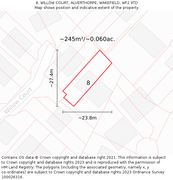 8, WILLOW COURT, ALVERTHORPE, WAKEFIELD, WF2 9TD: Plot and title map