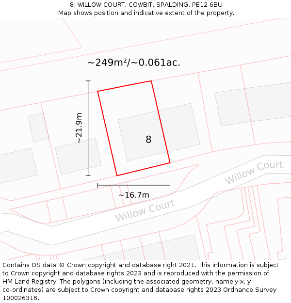 8, WILLOW COURT, COWBIT, SPALDING, PE12 6BU: Plot and title map