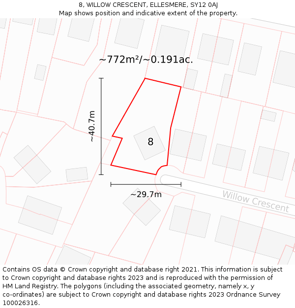 8, WILLOW CRESCENT, ELLESMERE, SY12 0AJ: Plot and title map