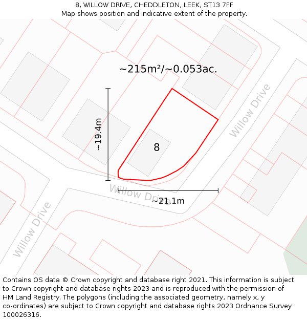 8, WILLOW DRIVE, CHEDDLETON, LEEK, ST13 7FF: Plot and title map