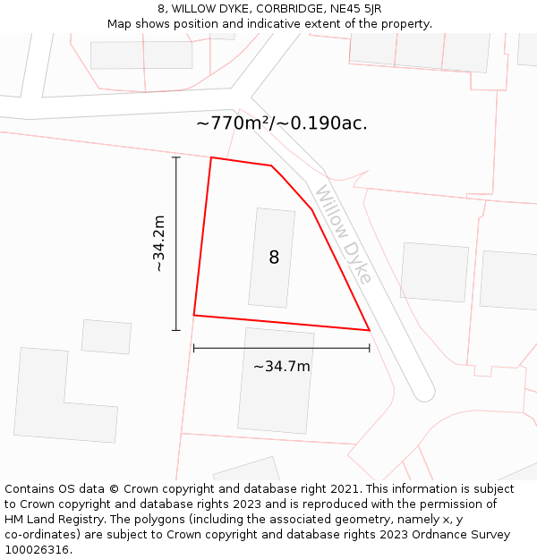 8, WILLOW DYKE, CORBRIDGE, NE45 5JR: Plot and title map
