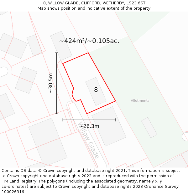 8, WILLOW GLADE, CLIFFORD, WETHERBY, LS23 6ST: Plot and title map