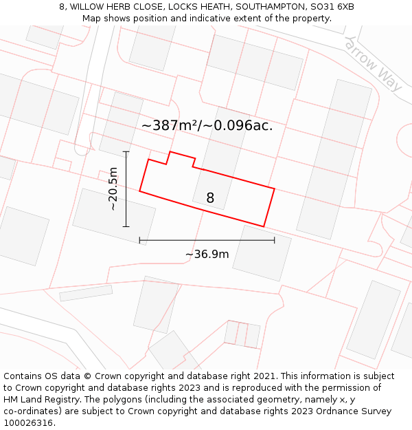 8, WILLOW HERB CLOSE, LOCKS HEATH, SOUTHAMPTON, SO31 6XB: Plot and title map