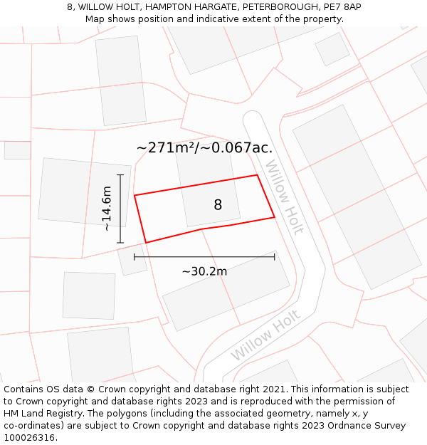 8, WILLOW HOLT, HAMPTON HARGATE, PETERBOROUGH, PE7 8AP: Plot and title map