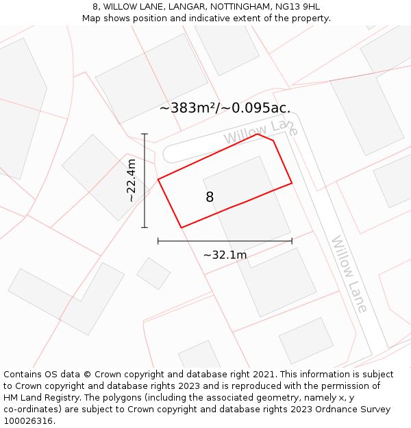 8, WILLOW LANE, LANGAR, NOTTINGHAM, NG13 9HL: Plot and title map
