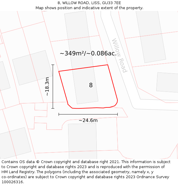 8, WILLOW ROAD, LISS, GU33 7EE: Plot and title map