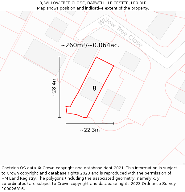 8, WILLOW TREE CLOSE, BARWELL, LEICESTER, LE9 8LP: Plot and title map