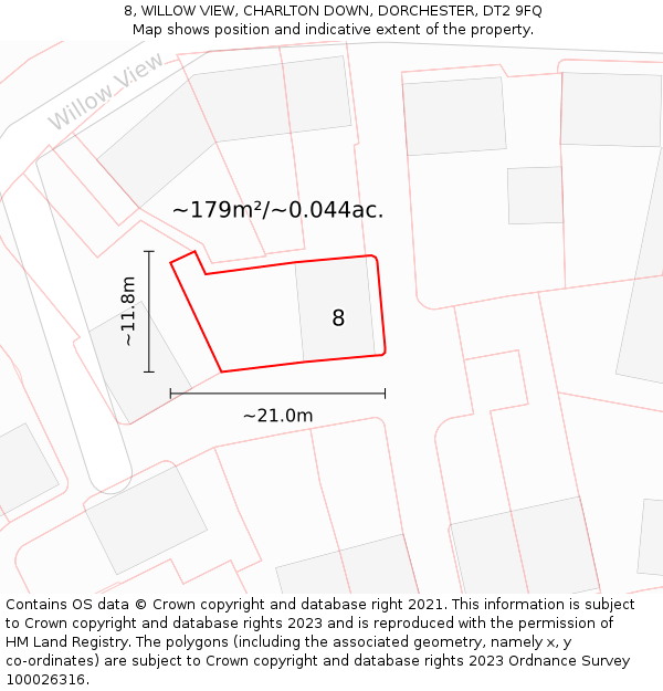 8, WILLOW VIEW, CHARLTON DOWN, DORCHESTER, DT2 9FQ: Plot and title map