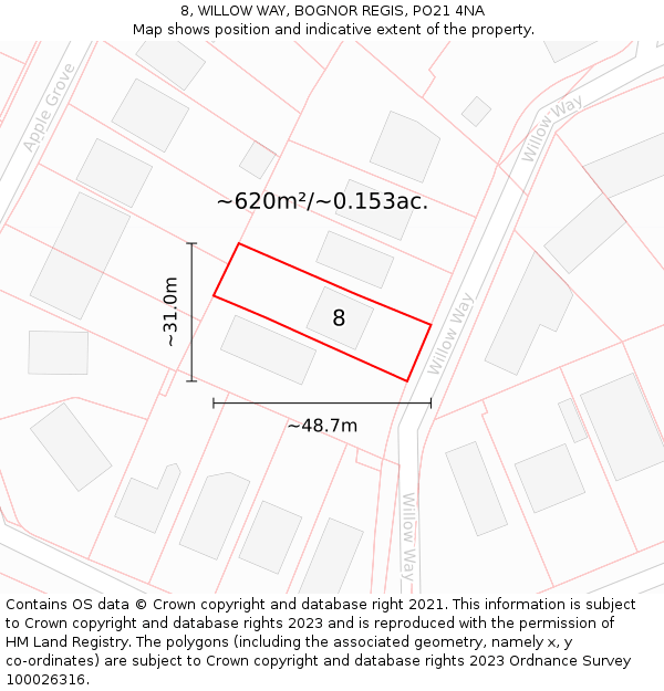 8, WILLOW WAY, BOGNOR REGIS, PO21 4NA: Plot and title map