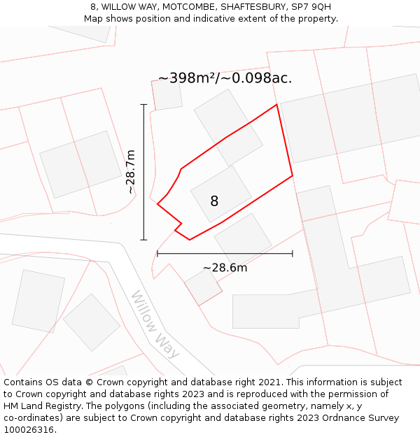 8, WILLOW WAY, MOTCOMBE, SHAFTESBURY, SP7 9QH: Plot and title map