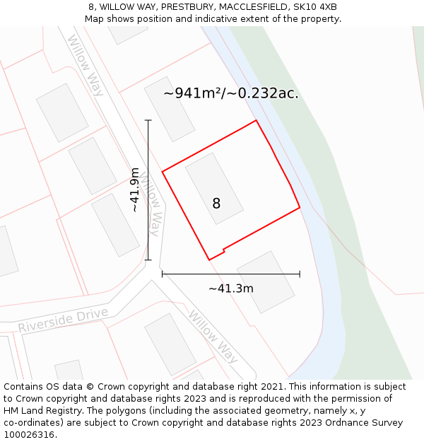 8, WILLOW WAY, PRESTBURY, MACCLESFIELD, SK10 4XB: Plot and title map