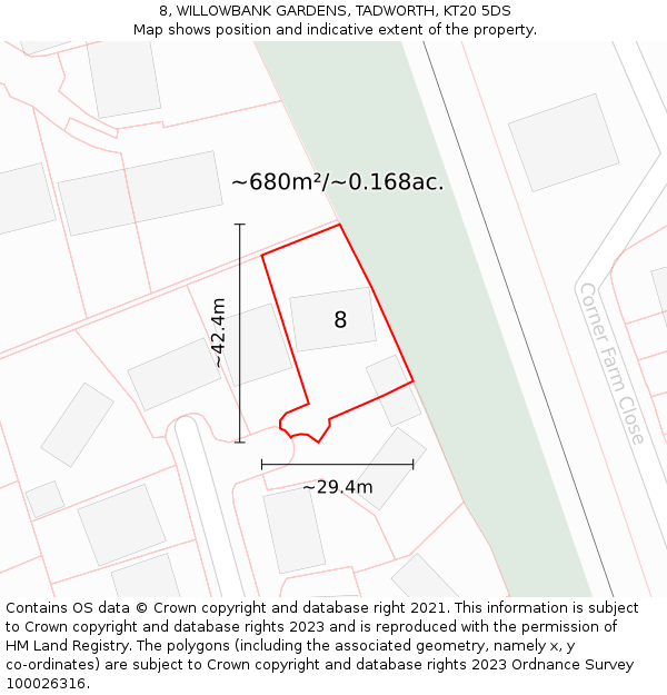 8, WILLOWBANK GARDENS, TADWORTH, KT20 5DS: Plot and title map