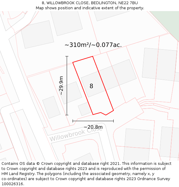 8, WILLOWBROOK CLOSE, BEDLINGTON, NE22 7BU: Plot and title map