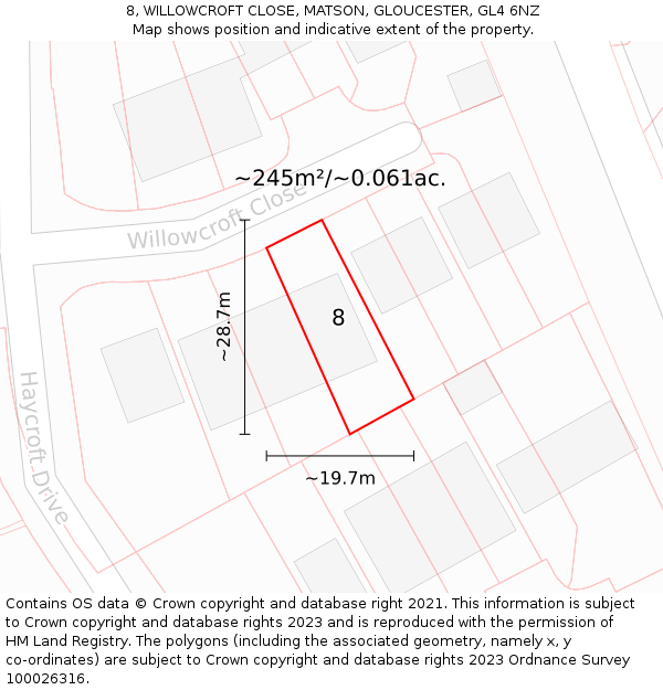 8, WILLOWCROFT CLOSE, MATSON, GLOUCESTER, GL4 6NZ: Plot and title map