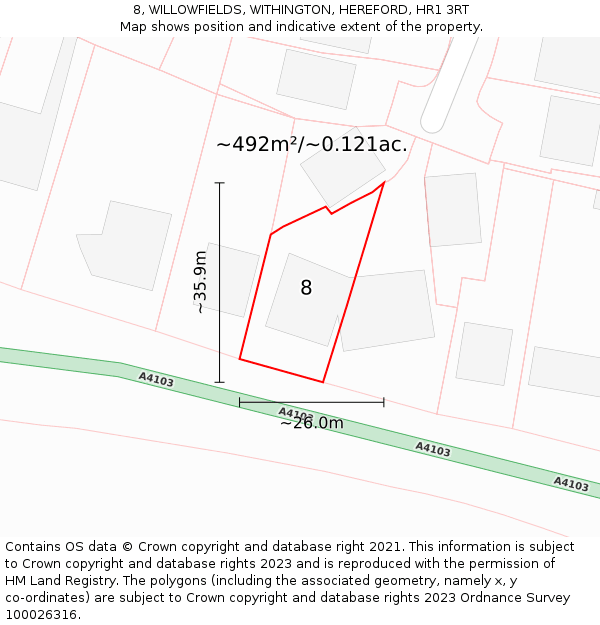 8, WILLOWFIELDS, WITHINGTON, HEREFORD, HR1 3RT: Plot and title map