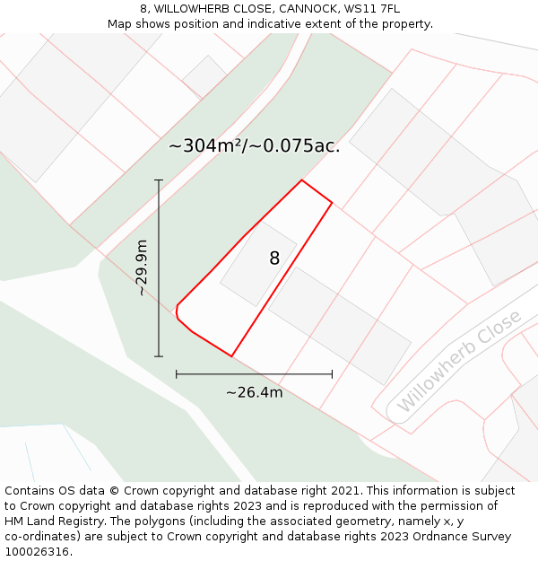8, WILLOWHERB CLOSE, CANNOCK, WS11 7FL: Plot and title map