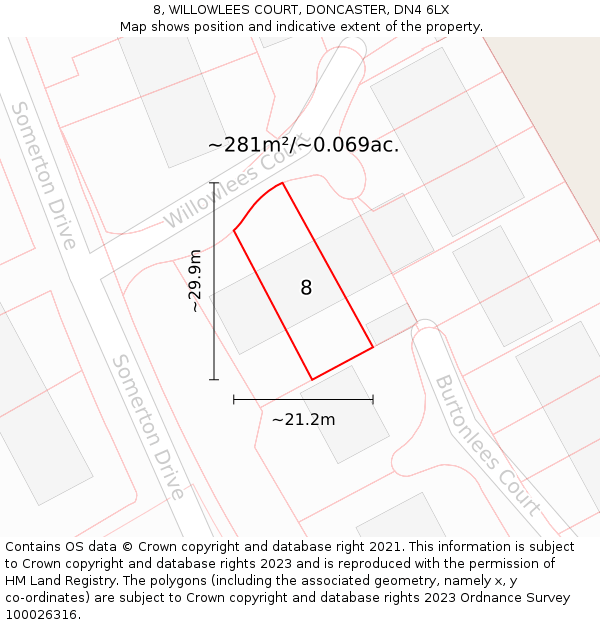 8, WILLOWLEES COURT, DONCASTER, DN4 6LX: Plot and title map
