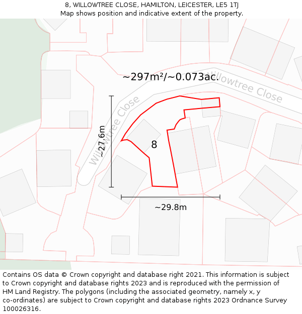 8, WILLOWTREE CLOSE, HAMILTON, LEICESTER, LE5 1TJ: Plot and title map