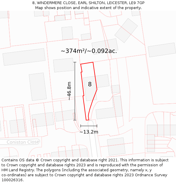 8, WINDERMERE CLOSE, EARL SHILTON, LEICESTER, LE9 7GP: Plot and title map