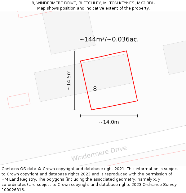 8, WINDERMERE DRIVE, BLETCHLEY, MILTON KEYNES, MK2 3DU: Plot and title map