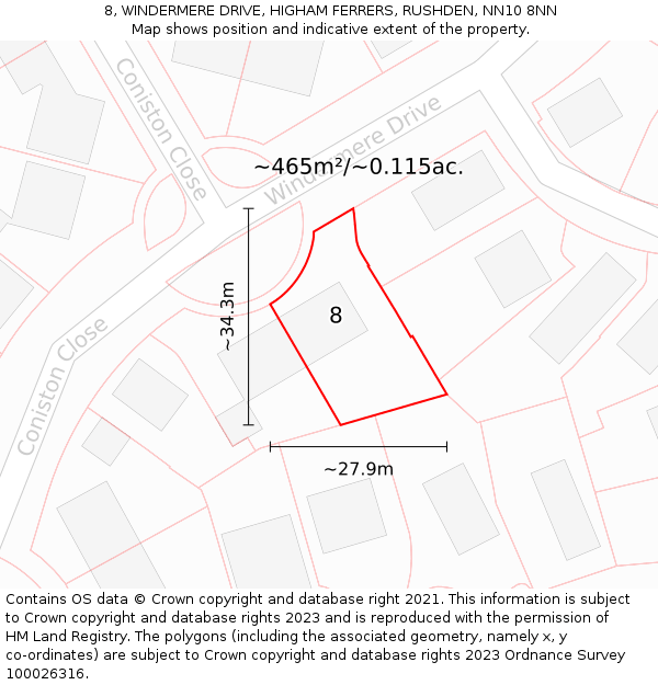 8, WINDERMERE DRIVE, HIGHAM FERRERS, RUSHDEN, NN10 8NN: Plot and title map