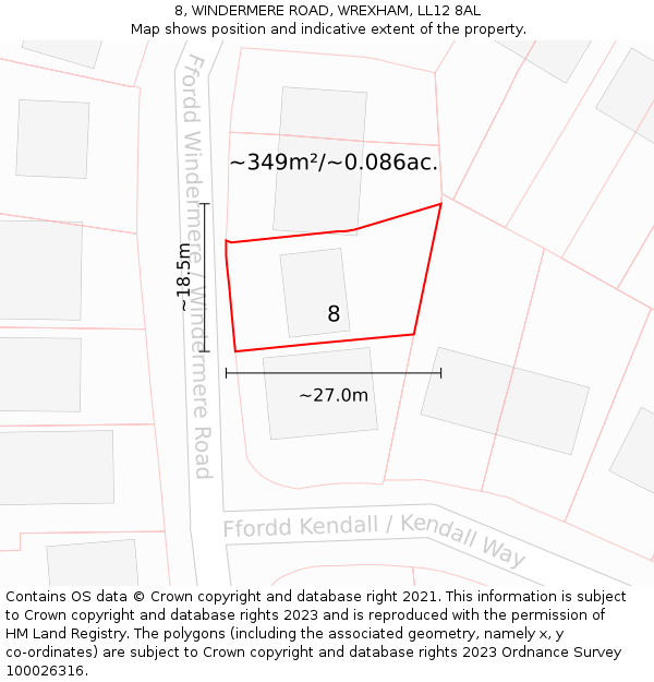 8, WINDERMERE ROAD, WREXHAM, LL12 8AL: Plot and title map