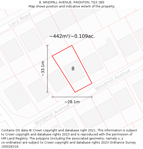 8, WINDMILL AVENUE, PAIGNTON, TQ3 1BS: Plot and title map