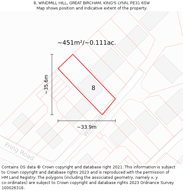 8, WINDMILL HILL, GREAT BIRCHAM, KING'S LYNN, PE31 6SW: Plot and title map