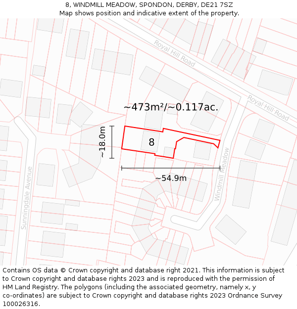 8, WINDMILL MEADOW, SPONDON, DERBY, DE21 7SZ: Plot and title map