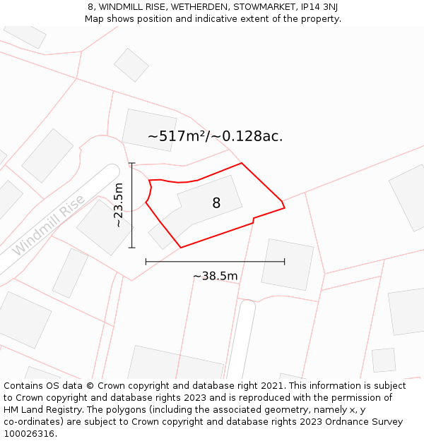 8, WINDMILL RISE, WETHERDEN, STOWMARKET, IP14 3NJ: Plot and title map