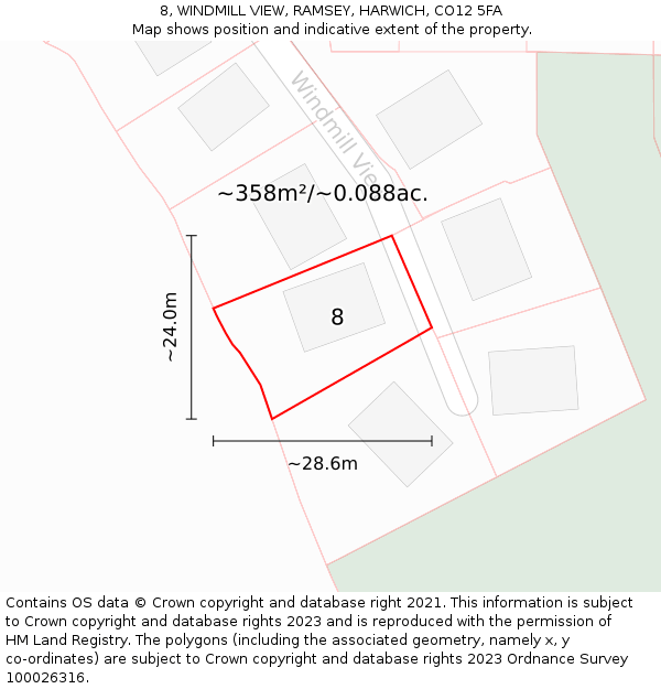 8, WINDMILL VIEW, RAMSEY, HARWICH, CO12 5FA: Plot and title map