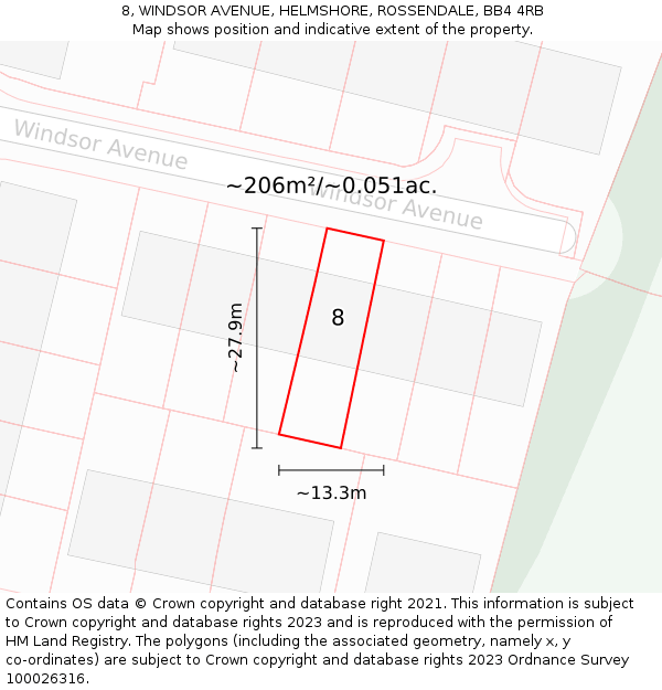 8, WINDSOR AVENUE, HELMSHORE, ROSSENDALE, BB4 4RB: Plot and title map