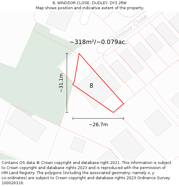 8, WINDSOR CLOSE, DUDLEY, DY3 2RW: Plot and title map