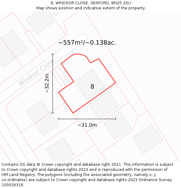 8, WINDSOR CLOSE, SEAFORD, BN25 2SU: Plot and title map