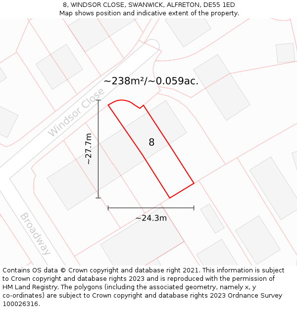 8, WINDSOR CLOSE, SWANWICK, ALFRETON, DE55 1ED: Plot and title map