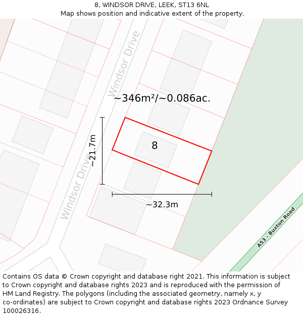 8, WINDSOR DRIVE, LEEK, ST13 6NL: Plot and title map