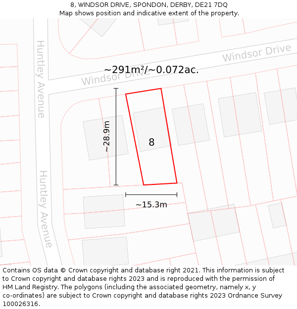 8, WINDSOR DRIVE, SPONDON, DERBY, DE21 7DQ: Plot and title map