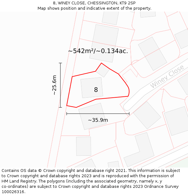 8, WINEY CLOSE, CHESSINGTON, KT9 2SP: Plot and title map