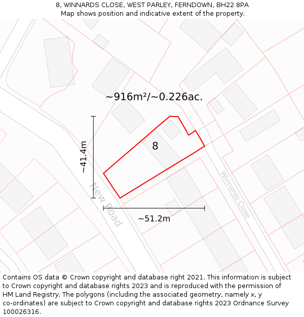 8, WINNARDS CLOSE, WEST PARLEY, FERNDOWN, BH22 8PA: Plot and title map