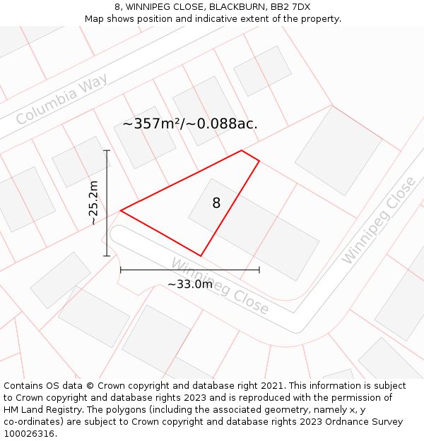 8, WINNIPEG CLOSE, BLACKBURN, BB2 7DX: Plot and title map
