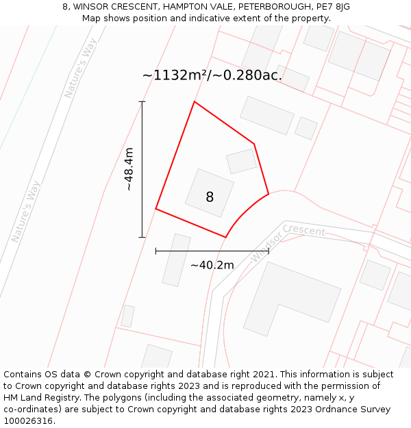 8, WINSOR CRESCENT, HAMPTON VALE, PETERBOROUGH, PE7 8JG: Plot and title map
