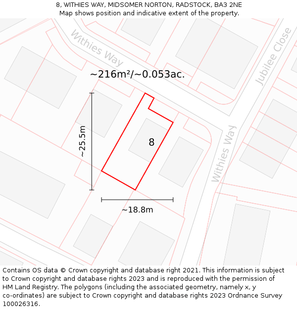 8, WITHIES WAY, MIDSOMER NORTON, RADSTOCK, BA3 2NE: Plot and title map